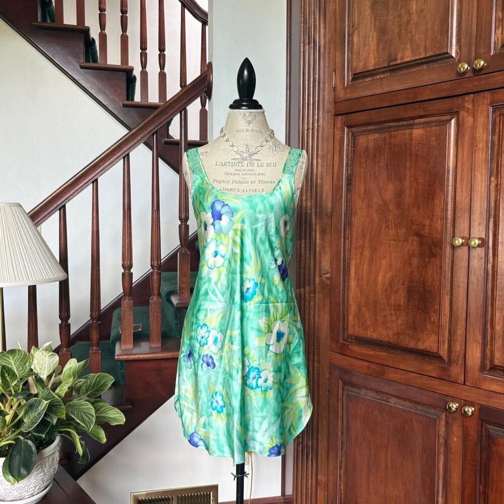 Secret Treasures Green Blue Floral Mini Slip Dress Vintage